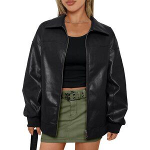 Womens Oversized Leather Jackets Zip Up Coats Faux Motorcycle Bomber Outfits Fal